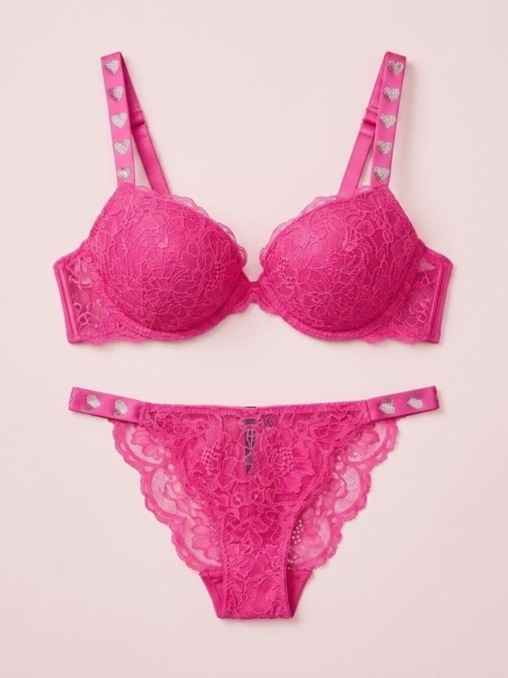 NWT Victoria's Secret Pink Heart Rhinestone Lace Push-Up Bra & Panty Set​